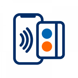 Stilisiertes PayMe-/Mobile-Payment-Icon: Smartphone mit NFC-Signal neben einer Karte mit blauem und orangefarbenem Punkt auf weißem Hintergrund