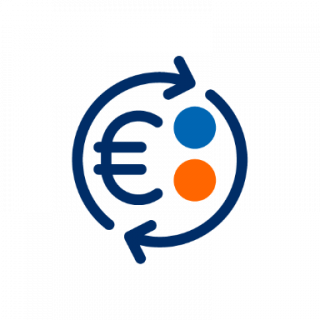 Stilisiertes Transaktions-Icon: Eurozeichen mit kreisförmigen Pfeilen und zwei Punkten (blau und orange) auf weißem Hintergrund