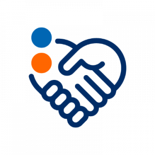 Stilisiertes Handschlag-Icon in Dunkelblau mit blauem und orangefarbenem Punkt auf weißem Hintergrund