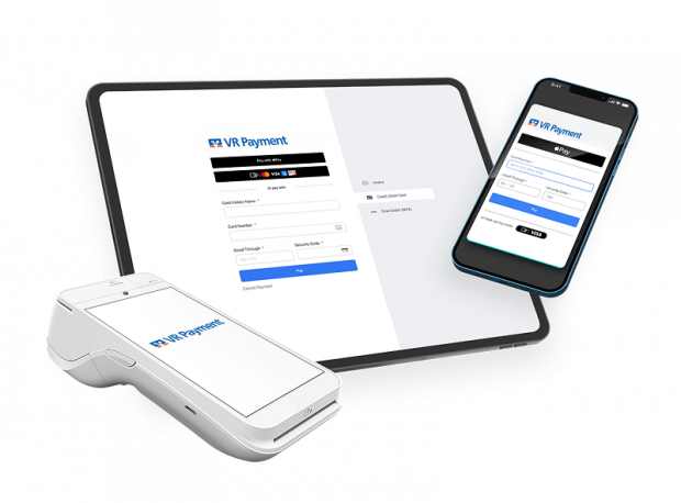 Omnichannel-Zahlung: Ein Laptop und ein Smartphone zeigen das VR-Payment-Bezahlformular, davor liegt ein VR-Payment-Kartenterminal.