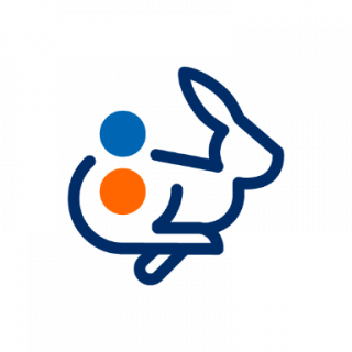 Stilisiertes Hasen-Icon in Dunkelblau mit zwei Punkten (blau und orange) auf weißem Hintergrund