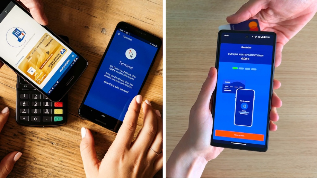 Zwei Szenen zur Kartenzahlung: links Smartphone auf einem Kartenlesegerät neben einem zweiten Handy, rechts hält eine Person ein Smartphone mit Zahlungsbildschirm und präsentiert eine Karte zum Bezahlen.