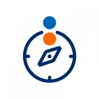 Stilisiertes Kompass-Icon in Dunkelblau mit zwei Punkten (blau und orange) oben auf weißem Hintergrund