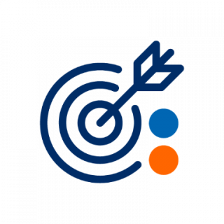 Stilisiertes Zielscheiben-Icon mit Pfeil im Zentrum, in Dunkelblau mit blauem und orangefarbenem Punkt auf weißem Hintergrund