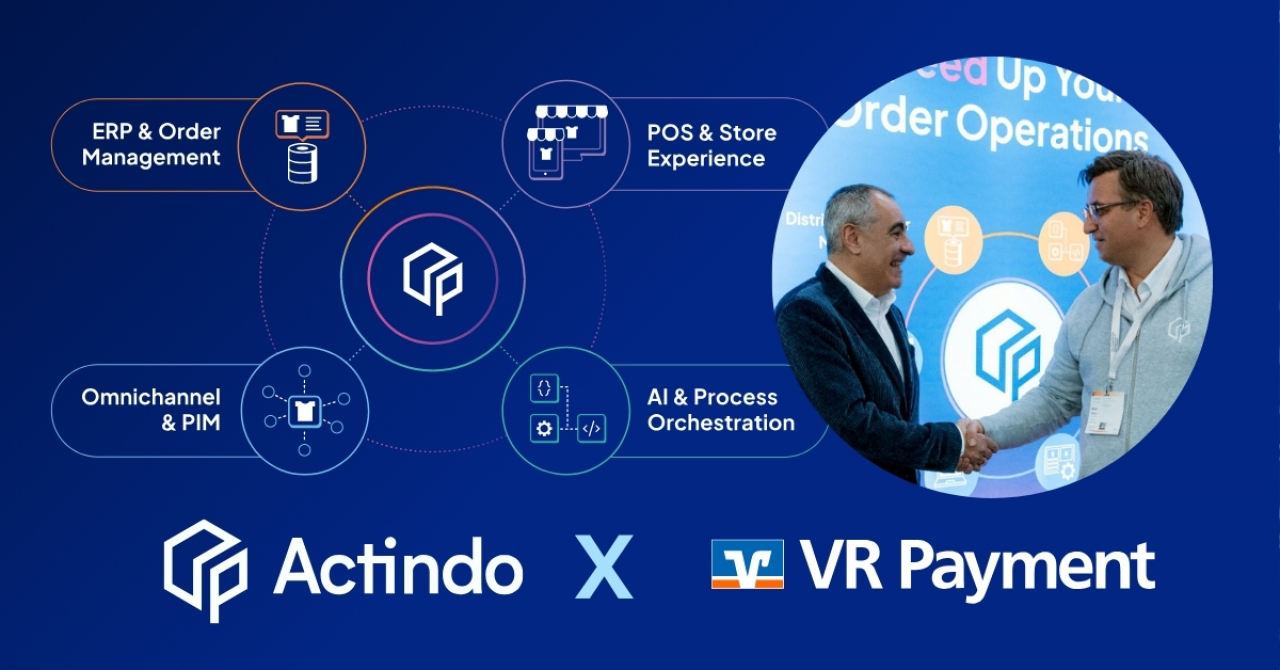 Grafik zur Partnerschaft ‚Actindo x VR Payment‘: links ein Schaubild mit Modulen wie ERP & Order Management, POS & Store Experience, Omnichannel & PIM sowie AI & Process Orchestration, rechts ein Foto von zwei Personen beim Handschlag, unten die Logos Actindo und VR Payment.