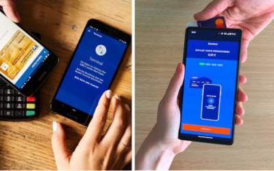 Zwei Szenen zur Kartenzahlung: links Smartphone auf einem Kartenlesegerät neben einem zweiten Handy, rechts hält eine Person ein Smartphone mit Zahlungsbildschirm und präsentiert eine Karte zum Bezahlen.